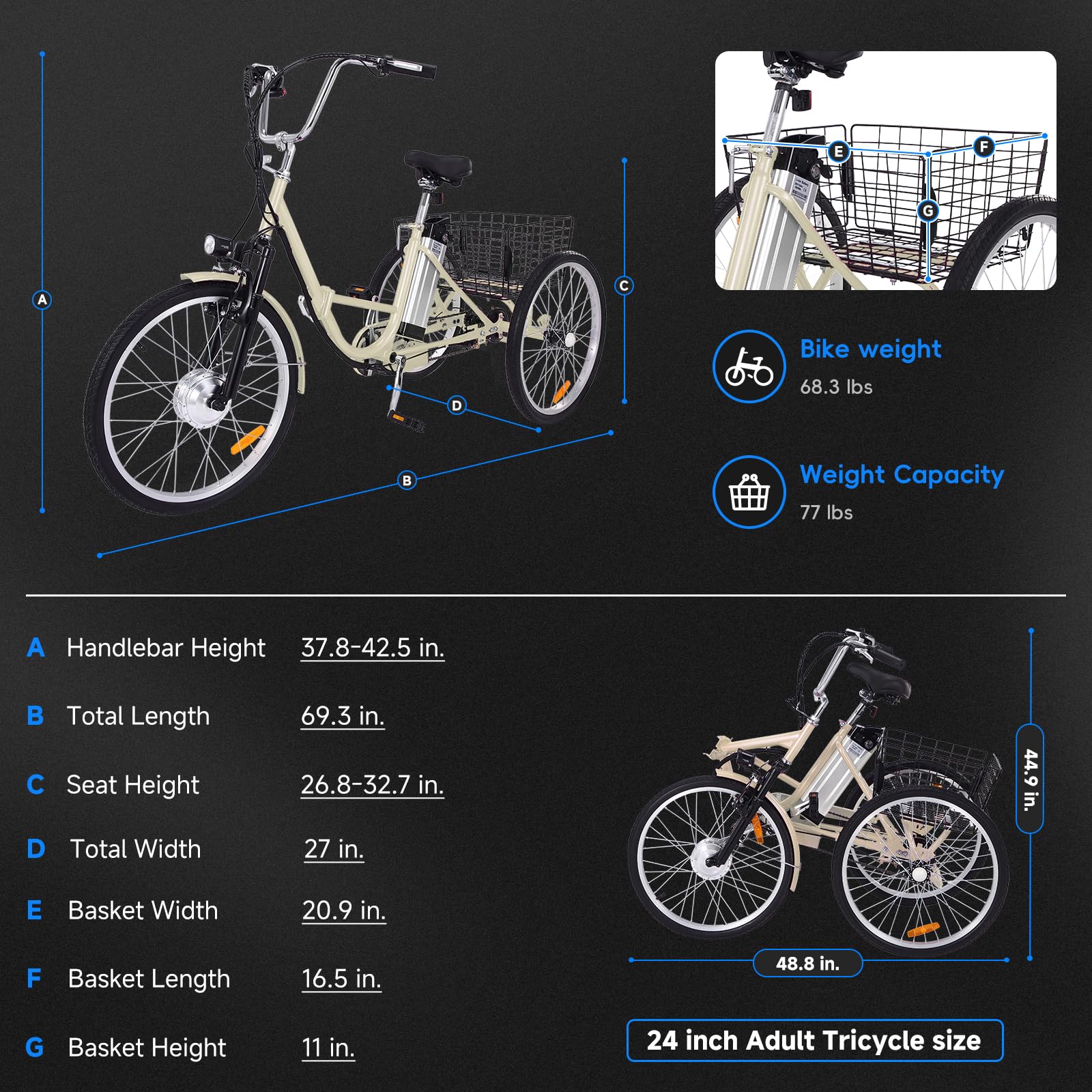 Garvee 26 Inch Adult 3 Wheel Electric Tricycle with Basket, Fat Tires,7 Speeds,350W Powerful Motor, 36V 10Ah Removable Battery - Beige