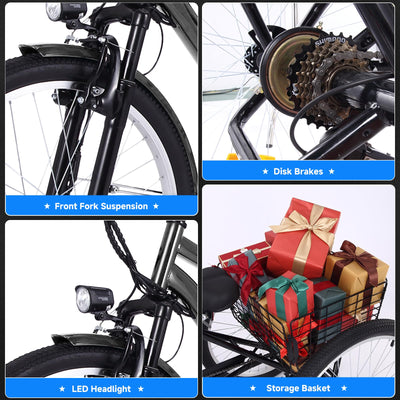 Garvee 26 Inch Adult 3 Wheel Electric Tricycle with Basket, Fat Tires,7 Speeds,350W Powerful Motor, 36V 10Ah Removable Battery - Dark Gray