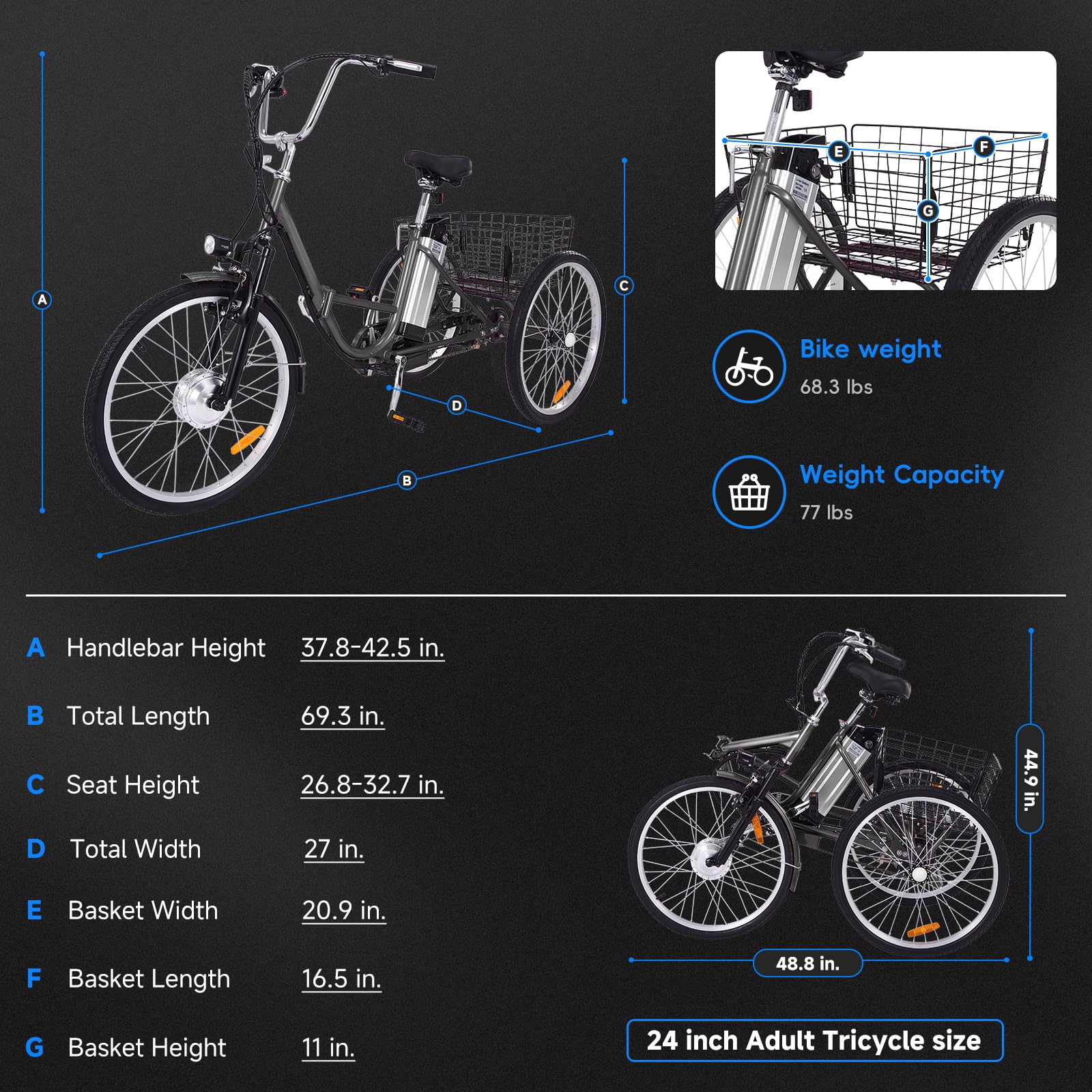 Garvee 26 Inch Adult Electric Tricycle Folding 7-Speed Electric Tricycle with Basket, 36V Detachable Battery, 250W Brushless Motor Suitable for Men and Women, Gary