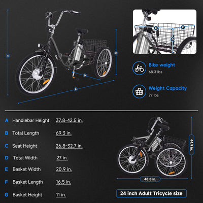 Garvee 26 Inch Adult Electric Tricycle Folding 7-Speed Electric Tricycle with Basket, 36V Detachable Battery, 250W Brushless Motor Suitable for Men and Women, Gary