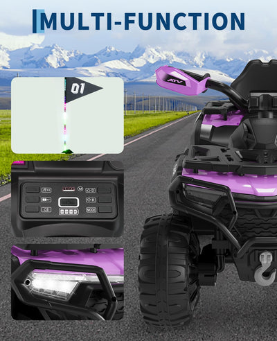 Garvee 12V Kids Electric ATV Ride-On Car – Dual Motors – Parent Remote Control – LED Lights, wireless, Music, USB, Spring Suspension – Battery Powered Outdoor Quad Toy for Boys & Girls – Purple