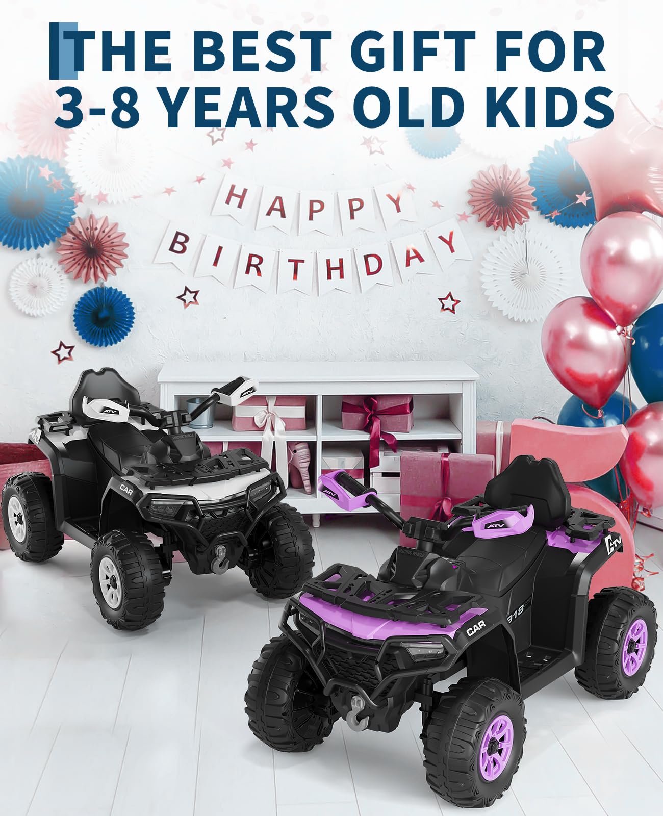 Garvee 12V Kids Electric ATV Ride-On Car – Dual Motors – Parent Remote Control – LED Lights, wireless, Music, USB, Spring Suspension – Battery Powered Outdoor Quad Toy for Boys & Girls – Purple