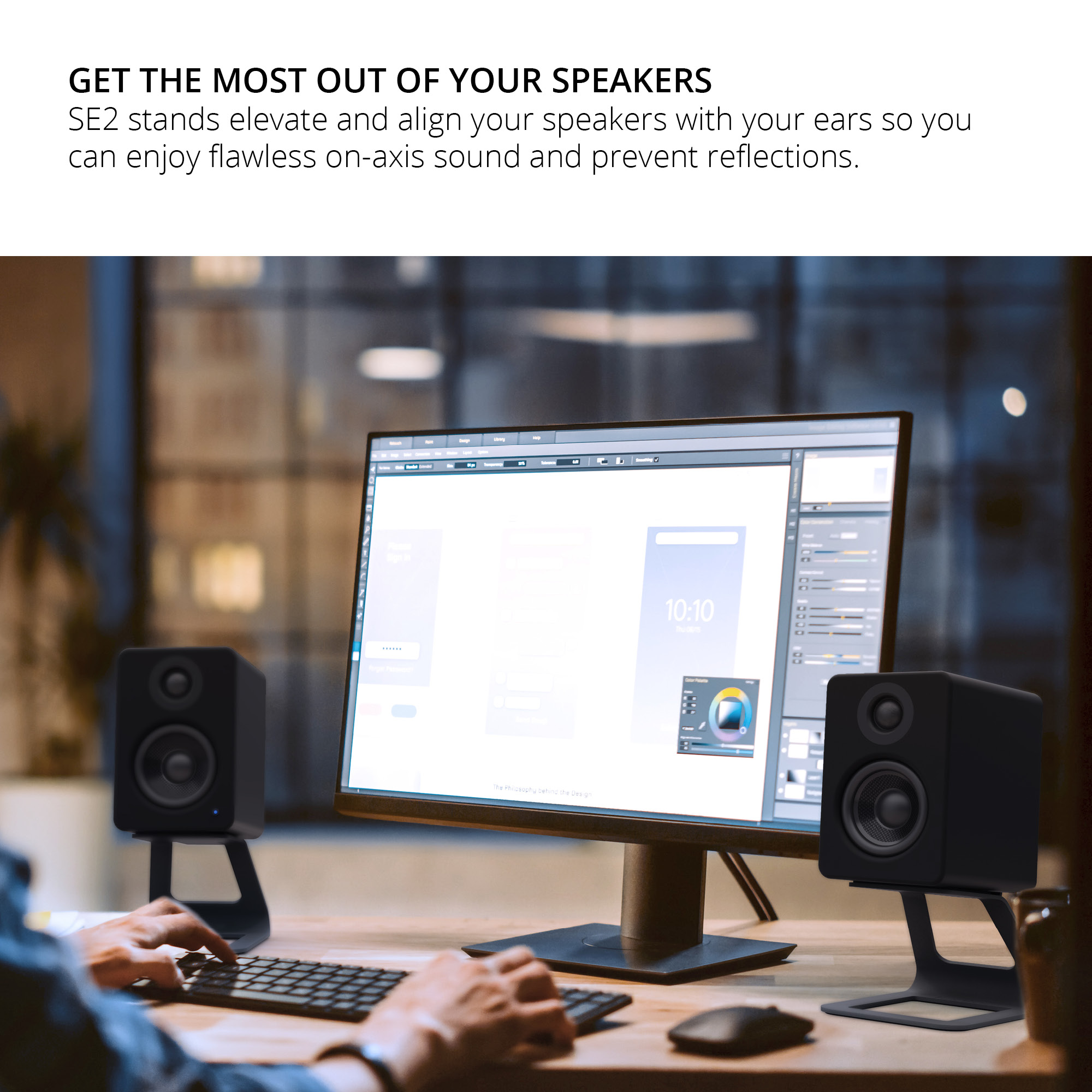 Kanto ORA 100W Powered Reference Desktop Speakers with Bluetooth & SE2 Speaker Stands Package Black