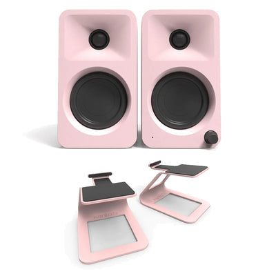 Kanto ORA 100W Powered Reference Desktop Speakers with Bluetooth & SE2 Speaker Stands Package Pink