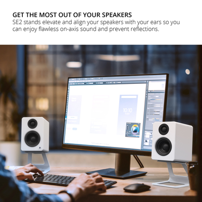 Kanto ORA 100W Powered Reference Desktop Speakers with Bluetooth & SE2 Speaker Stands Package White