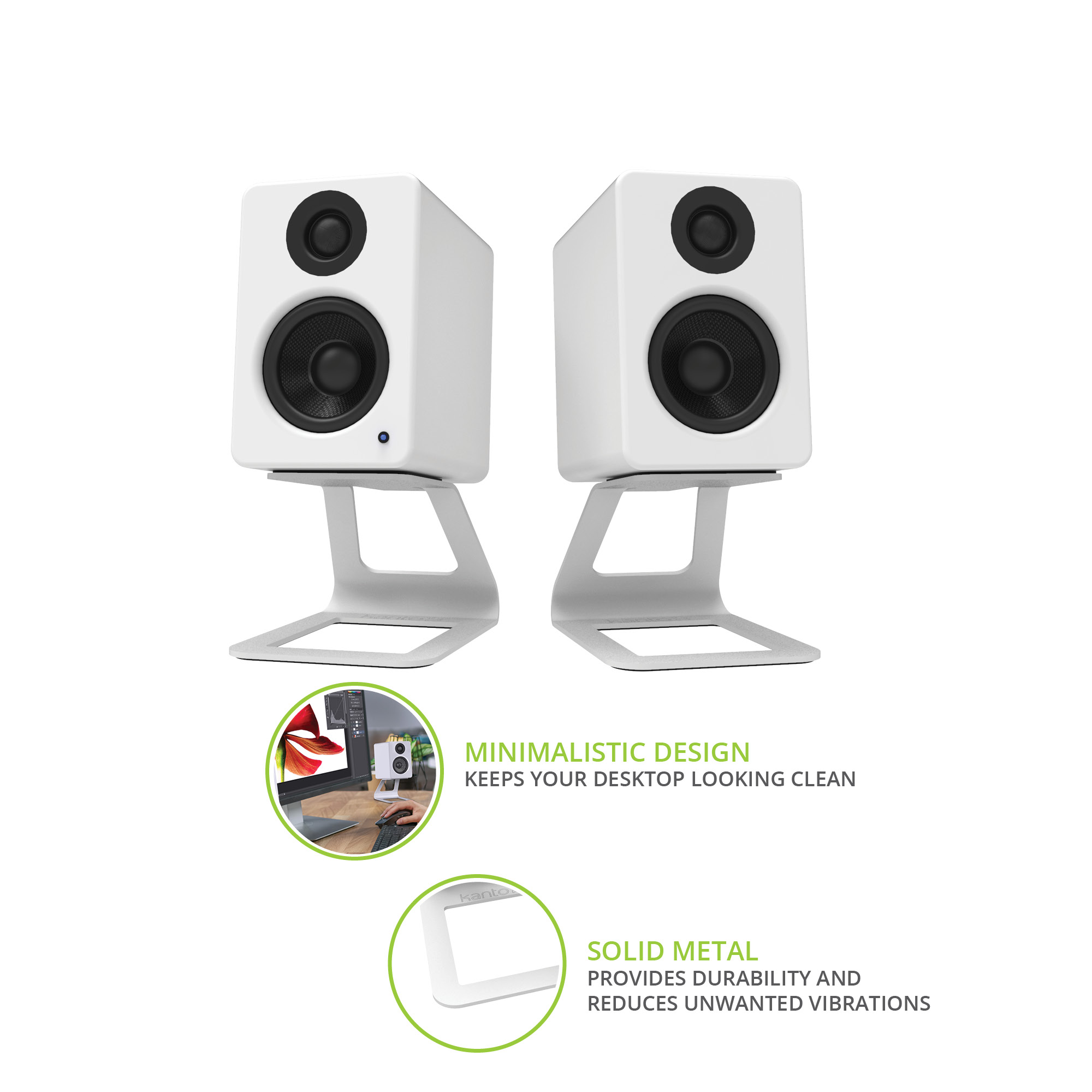 Kanto ORA 100W Powered Reference Desktop Speakers with Bluetooth & SE2 Speaker Stands Package White