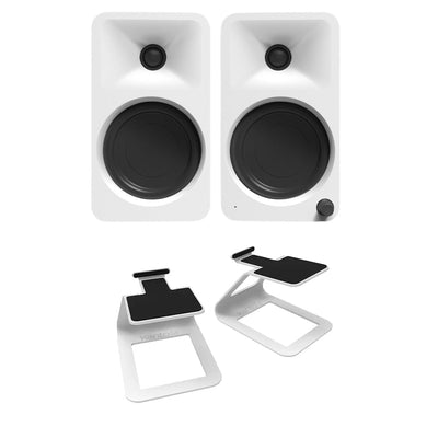 Kanto ORA 100W Powered Reference Desktop Speakers with Bluetooth & SE2 Speaker Stands Package White