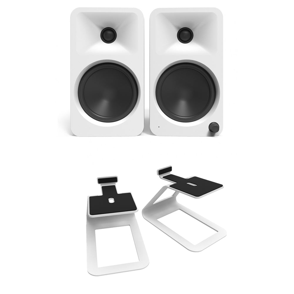 Kanto ORA4 140W Powered Reference Desktop Speakers with Bluetooth & SE4 Elevated Speaker Stands White