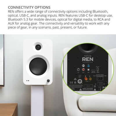 Kanto REN 200W Powered Bookshelf Speakers Pair with HDMI ARC USB-C and Bluetooth 5.3 - Matte White