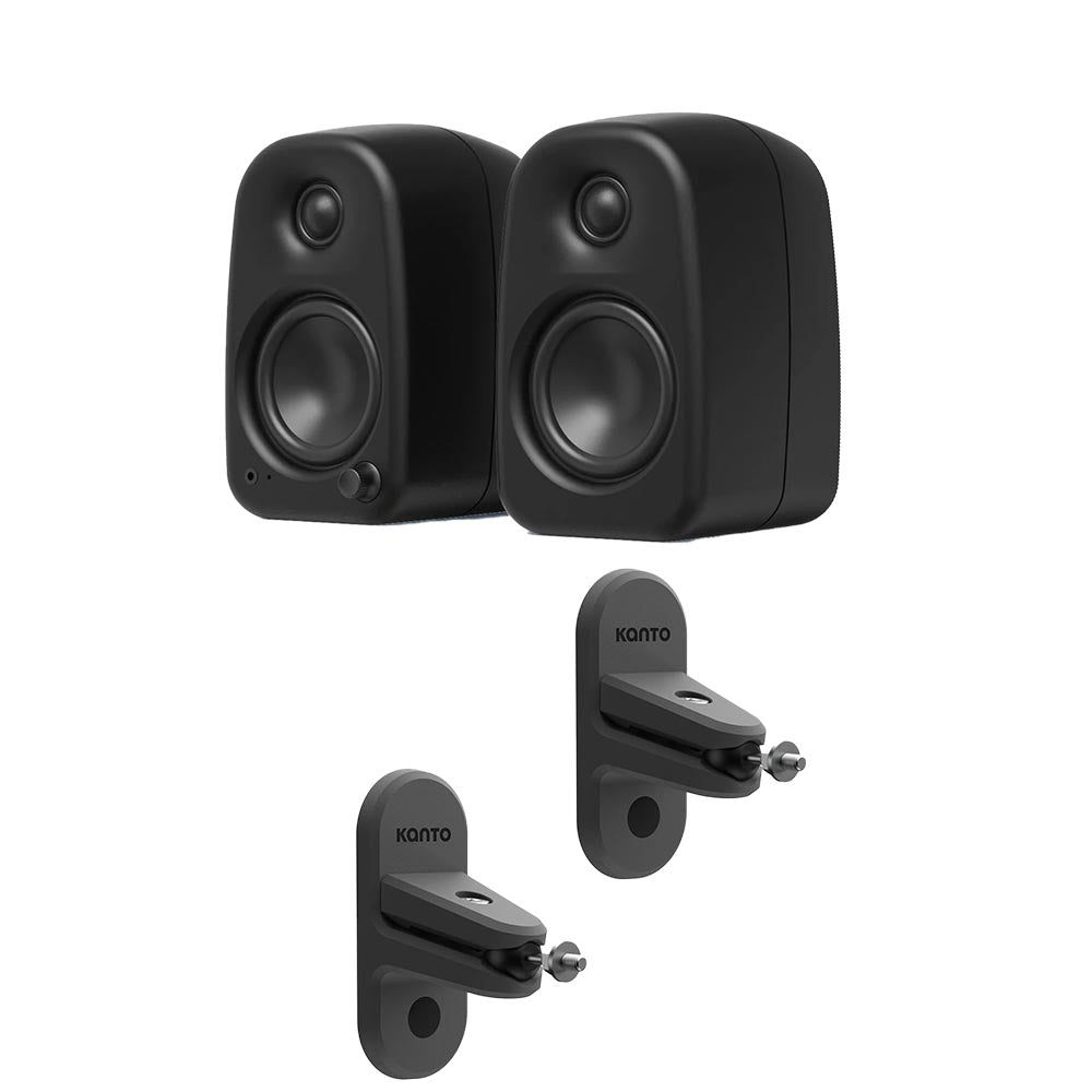 Kanto UKI 100W Bluetooth Desktop Speakers With SPW3 Universal Speaker Wall Mount Black