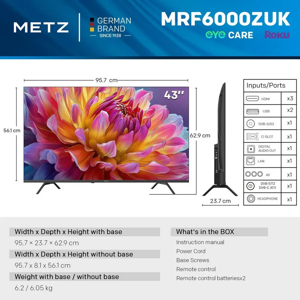 Metz 43MRF6000ZUK 43 Inch MRF6000Z 4K Ultra HD HDR DLED Smart TV with Freely