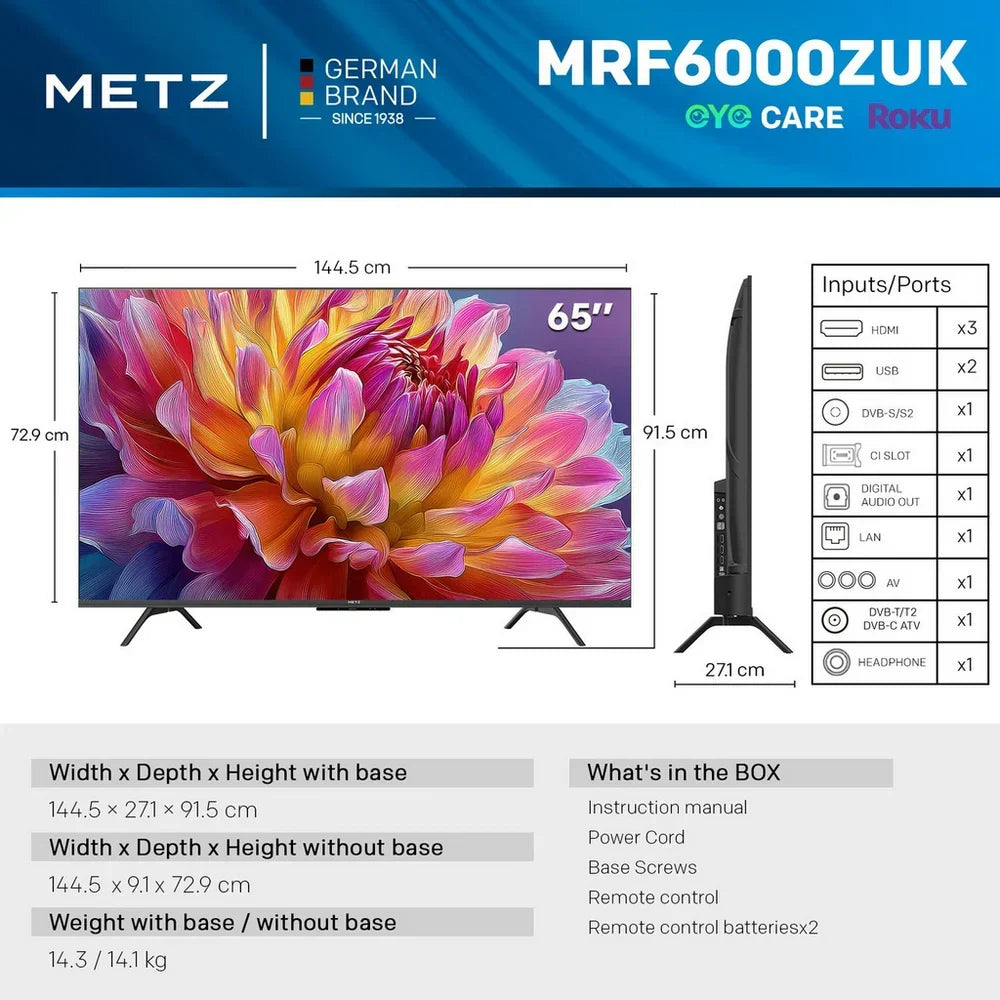 Metz 65MRF6000ZUK 65 Inch MRF6000Z 4K Ultra HD HDR DLED Smart TV with Freely