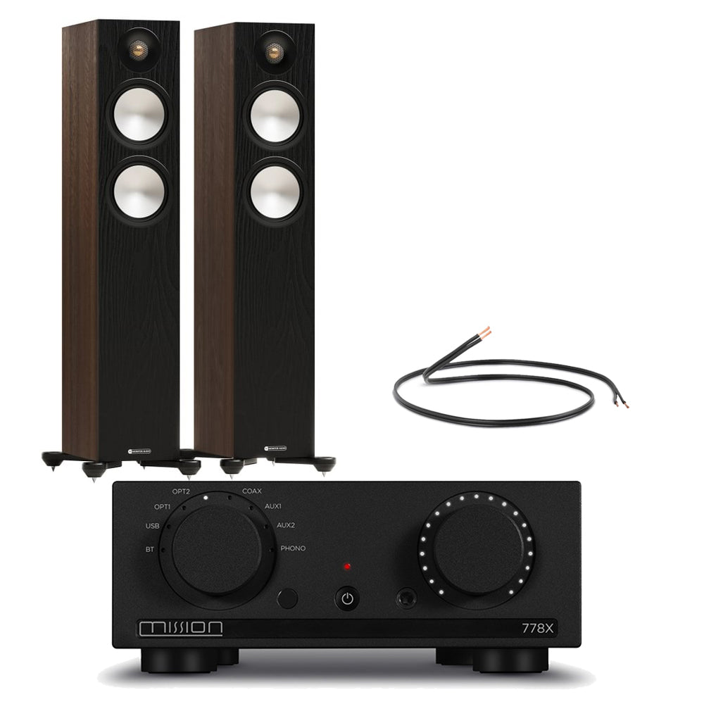 Mission 778X Integrated Amplifier Black with Monitor Audio Bronze 300 7G Floorstanding Speakers Walnut Pair HiFi Package