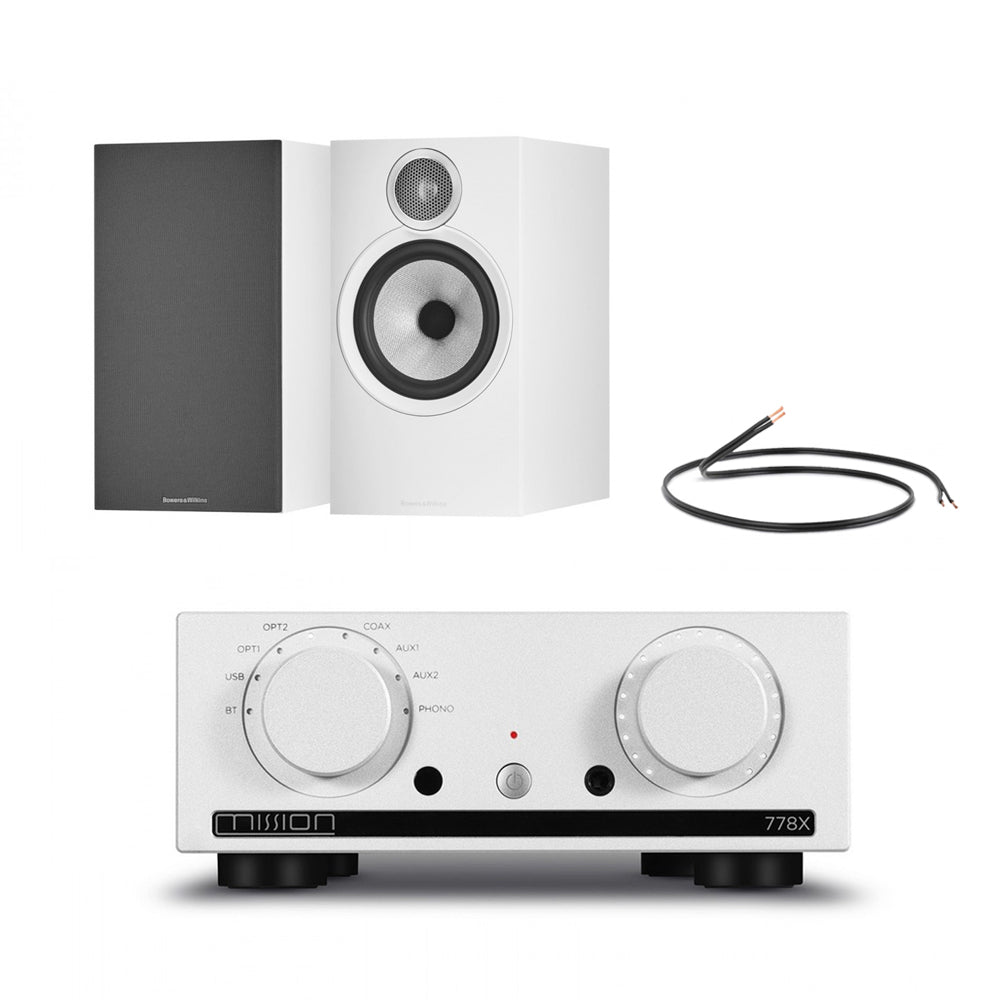 Mission 778X Integrated Amplifier Silver with Bowers & Wilkins 606 S3 Standmount Speakers White Pair