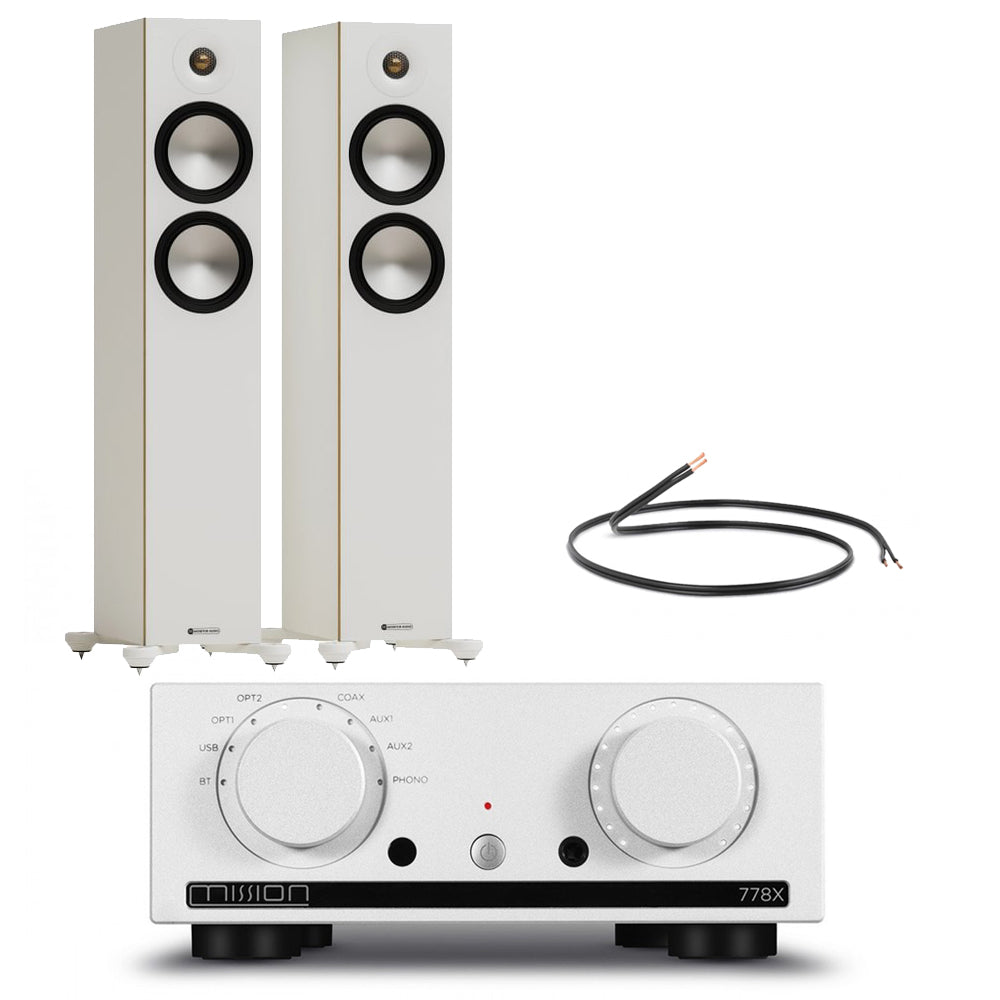 Mission 778X Integrated Amplifier Silver with Monitor Audio Bronze 300 7G Floorstanding Speakers White Pair HiFi Package