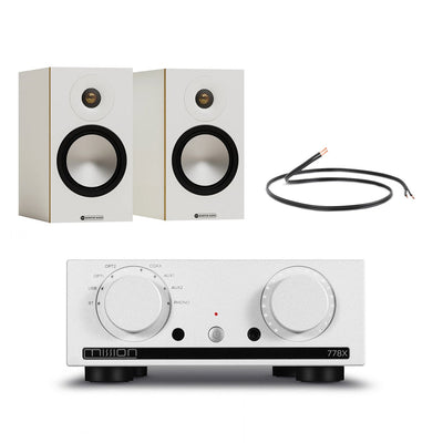 Mission 778X Integrated Amplifier Silver with Monitor Audio Bronze 50 7G Bookshelf Speakers White Pair HiFi Package
