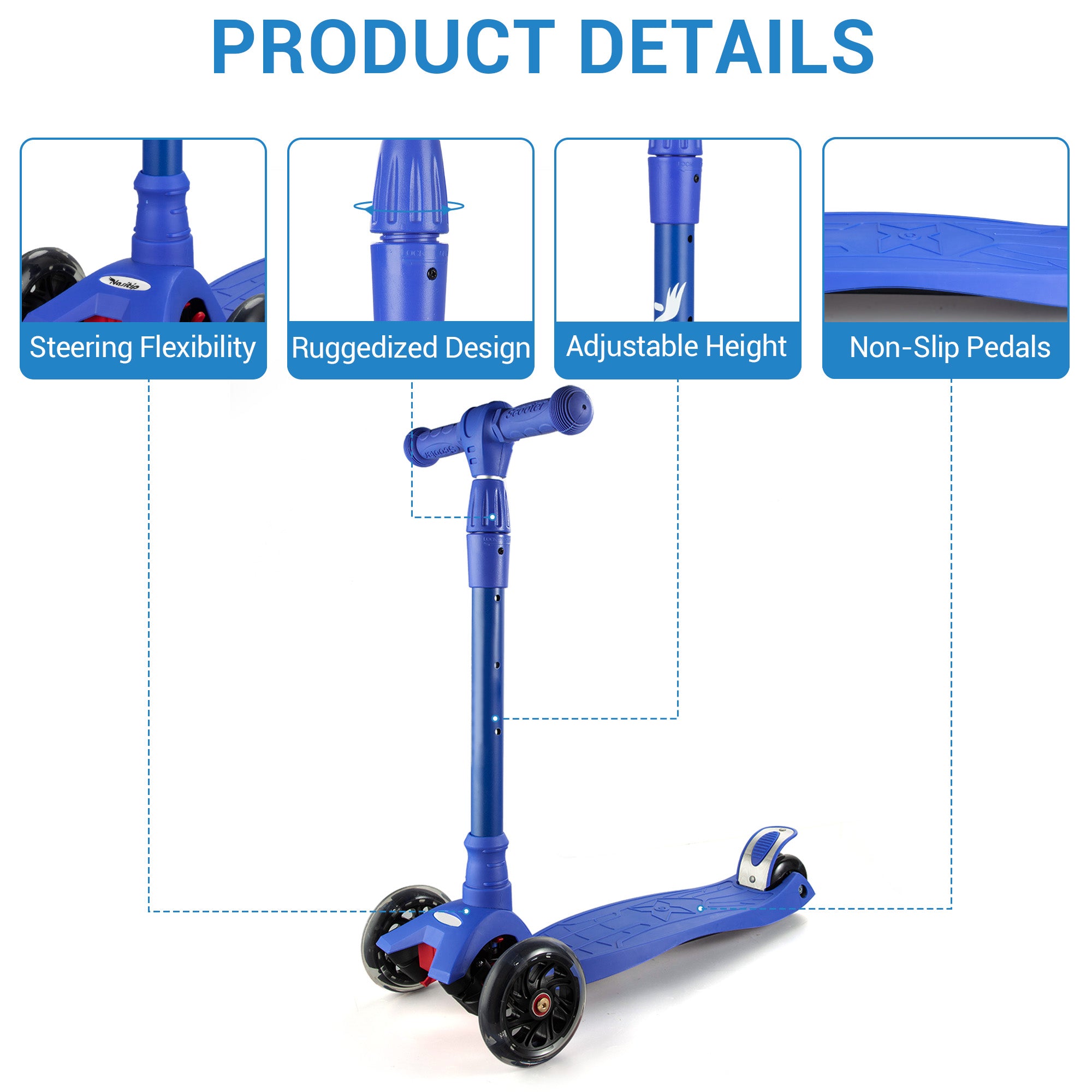 Garvee Kids 3 Wheel Kick Scooter for Boys & Girls Ages 3-10, Adjustable Handlebar, Lightweight Aluminum, Non-Slip Deck, Pink, Outdoor Play - Blue