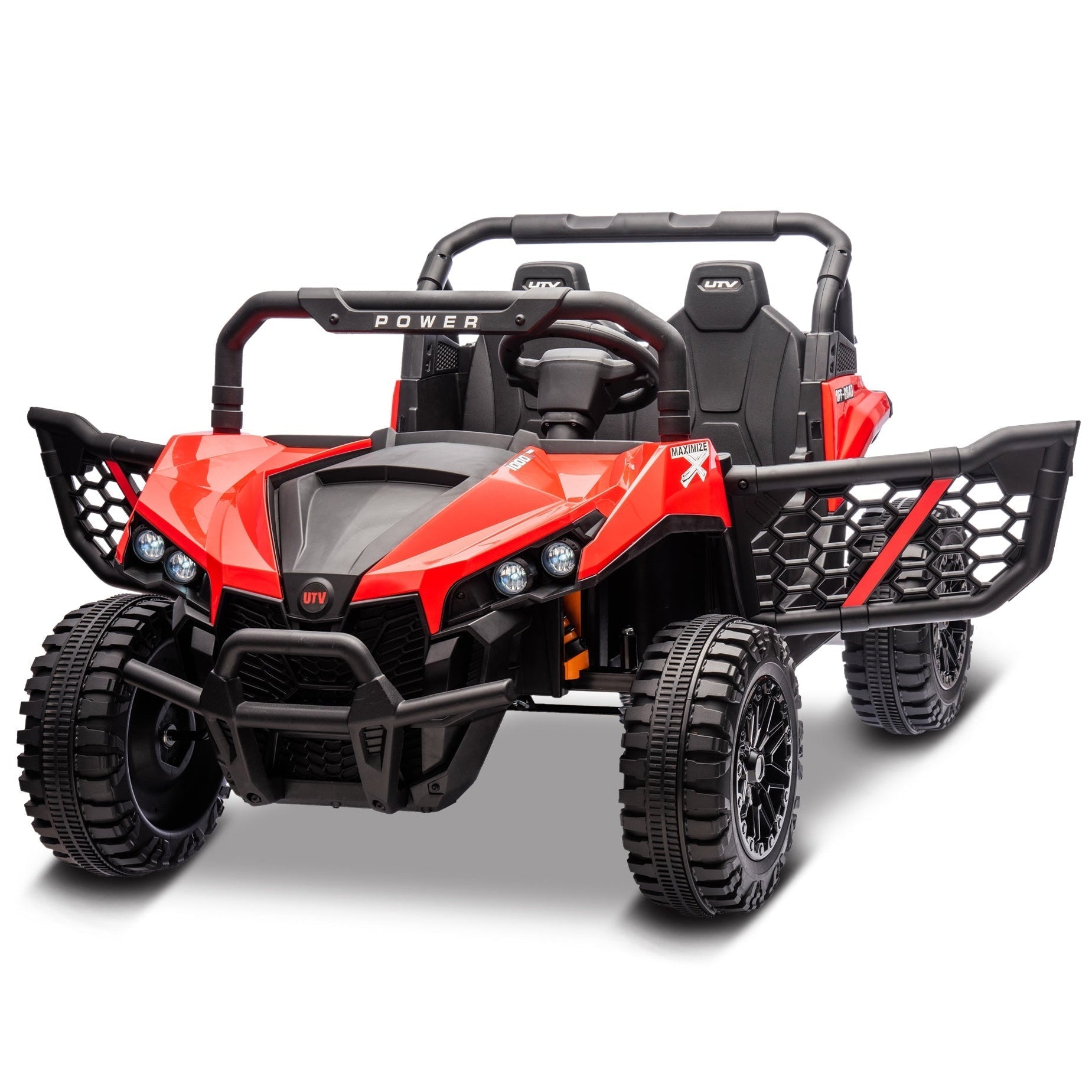 Garvee 24V Ride On Car Electric Off-Road UTV Truck with Remote Control, Lockable Doors, Safety Belt, PP+Metal, LED Lights, Music Player, Blue, Kids Outdoor Fun - Red
