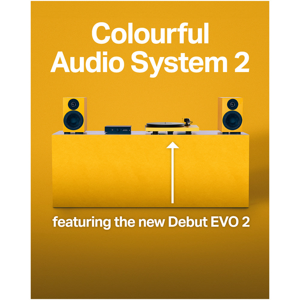 Pro-Ject Colourful Audio System 2 with Debut EVO 2 Turntable MaiA S3 Amplifier and Speaker Box 5 S2 Speakers - Satin Golden Yellow