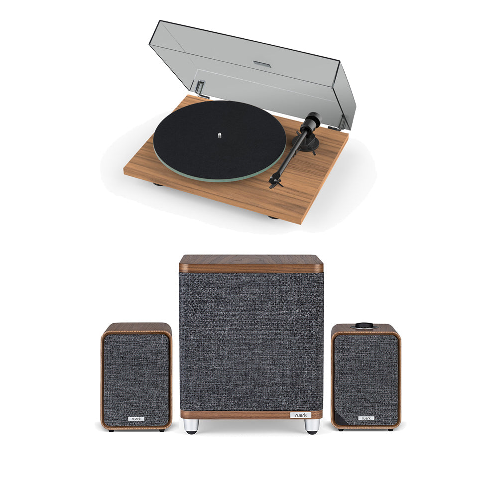 Pro-Ject T1 EVO Standard Turntable with Ruark MR1 MK3 Active Bluetooth Speakers & RS1 Subwoofer Walnut