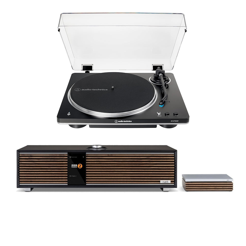 Ruark R410 Music System Charcoal with R-CD100 CD Player & Audio Technica AT-LP70XBT Automatic Wireless BT Turntable - Black