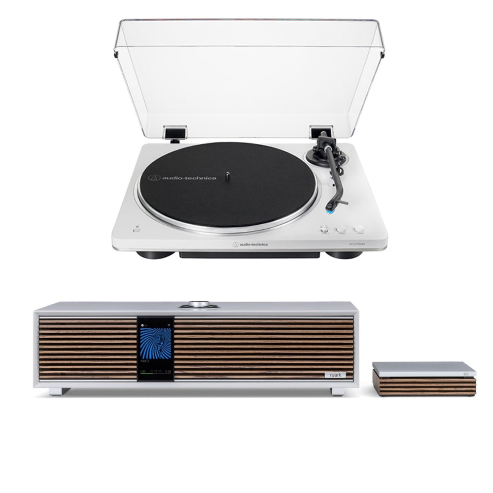 Ruark R410 Music System Grey with R-CD100 CD Player & Audio Technica AT-LP70XBT Automatic Wireless BT Turntable Silver