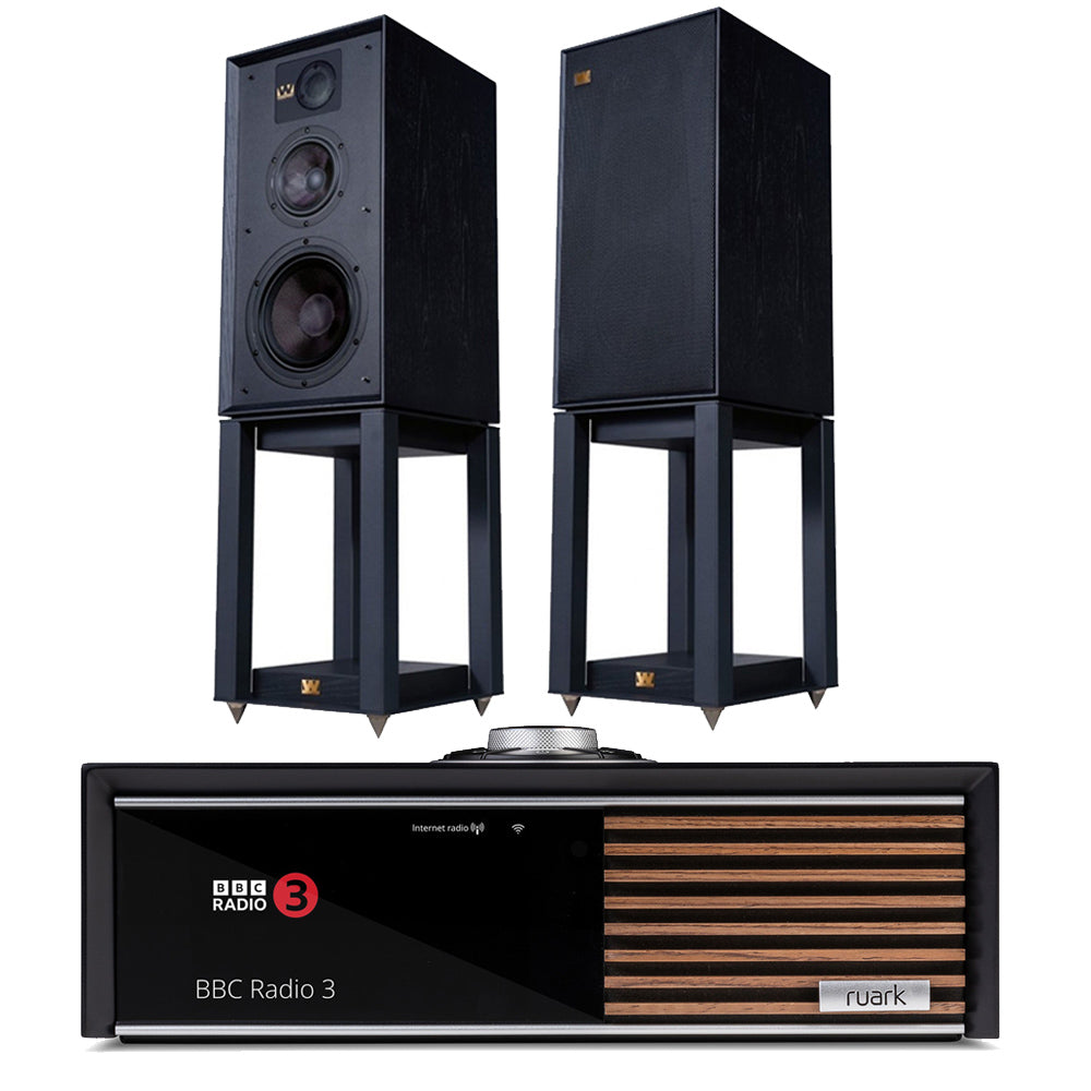 Ruark R610 Music Console Charcoal with Wharfedale Linton Heritage Standmount Speakers Black with Matching Stands