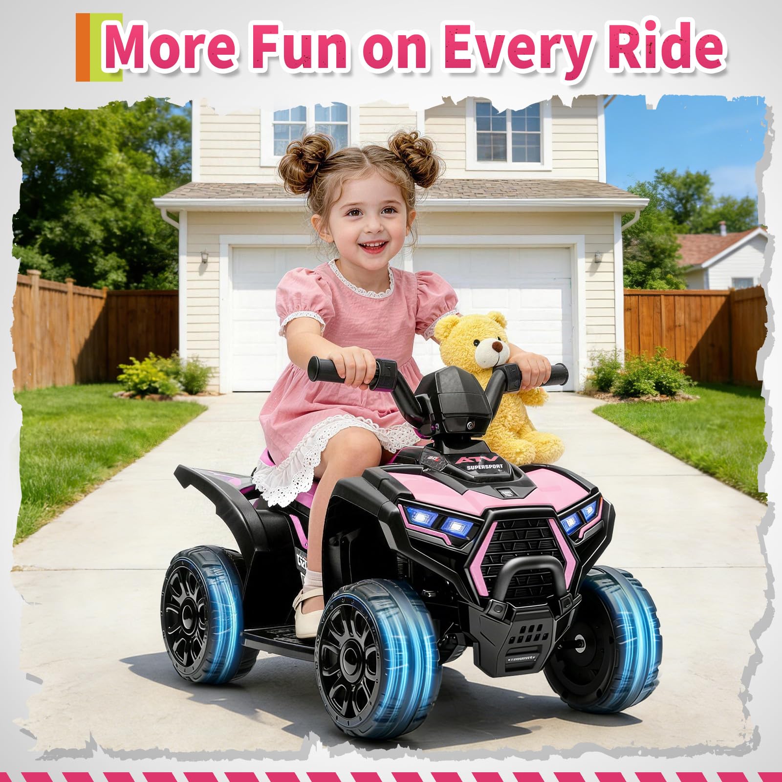 Garvee 6V Battery Powered Kids ATV Car with Lights, Music, 3.5mph Speed, 4-Wheel Electric Toddler Ride-On, All-Terrain Tires, Safe & Fun Outdoor Toy