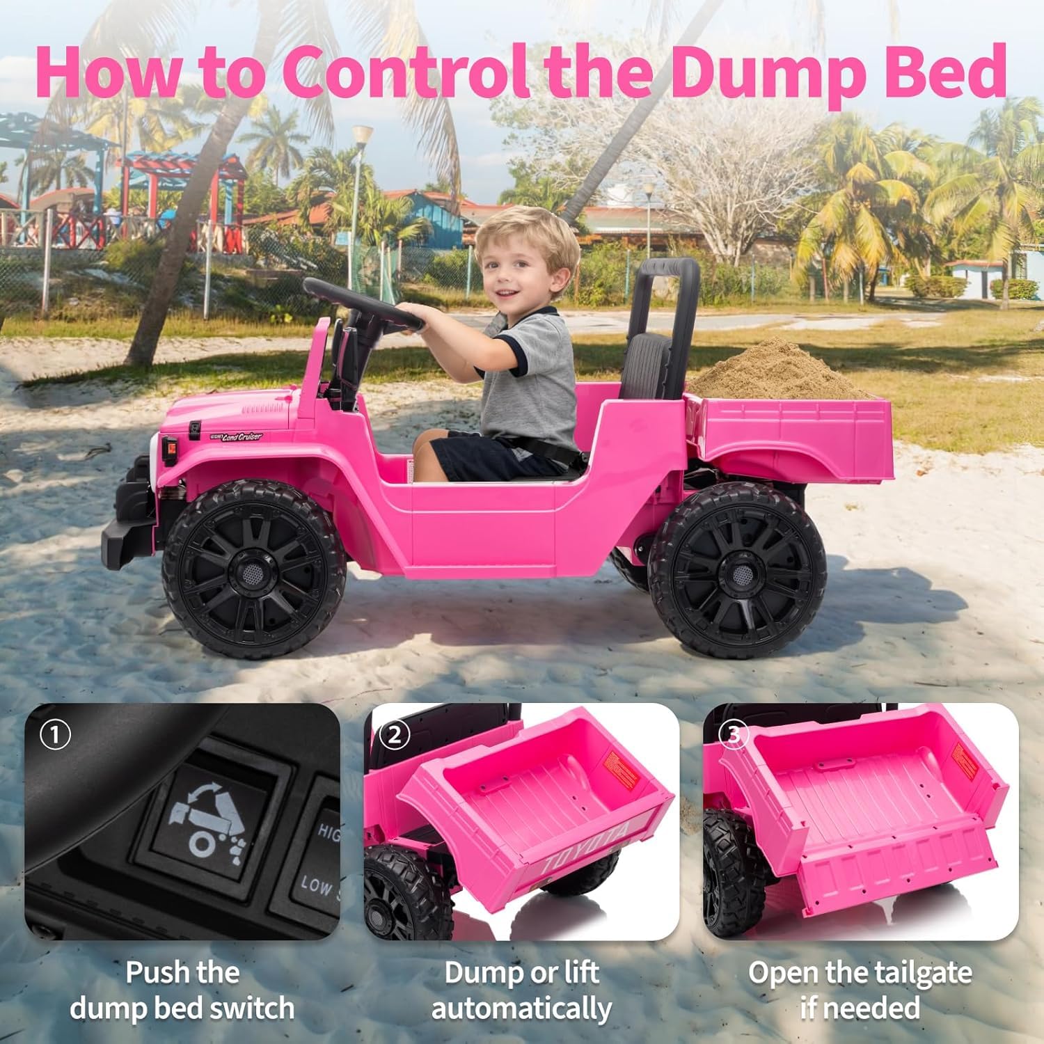 Garvee Licensed Toyota 12V 4WD Kids Ride-On Pickup Truck – Battery Powered Electric Car, Remote Control, wireless, LED Lights, Suspension, Soft Braking, Truck Bed Storage – For Toddlers & Big Kids – Pink