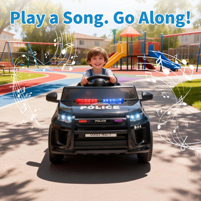 Garvee Kids Electric Police Car Ride-On 12V 4.5Ah Battery Dual 35W Motors LED Lights Bluetooth Speaker Remote Control White/Black Indoor Outdoor