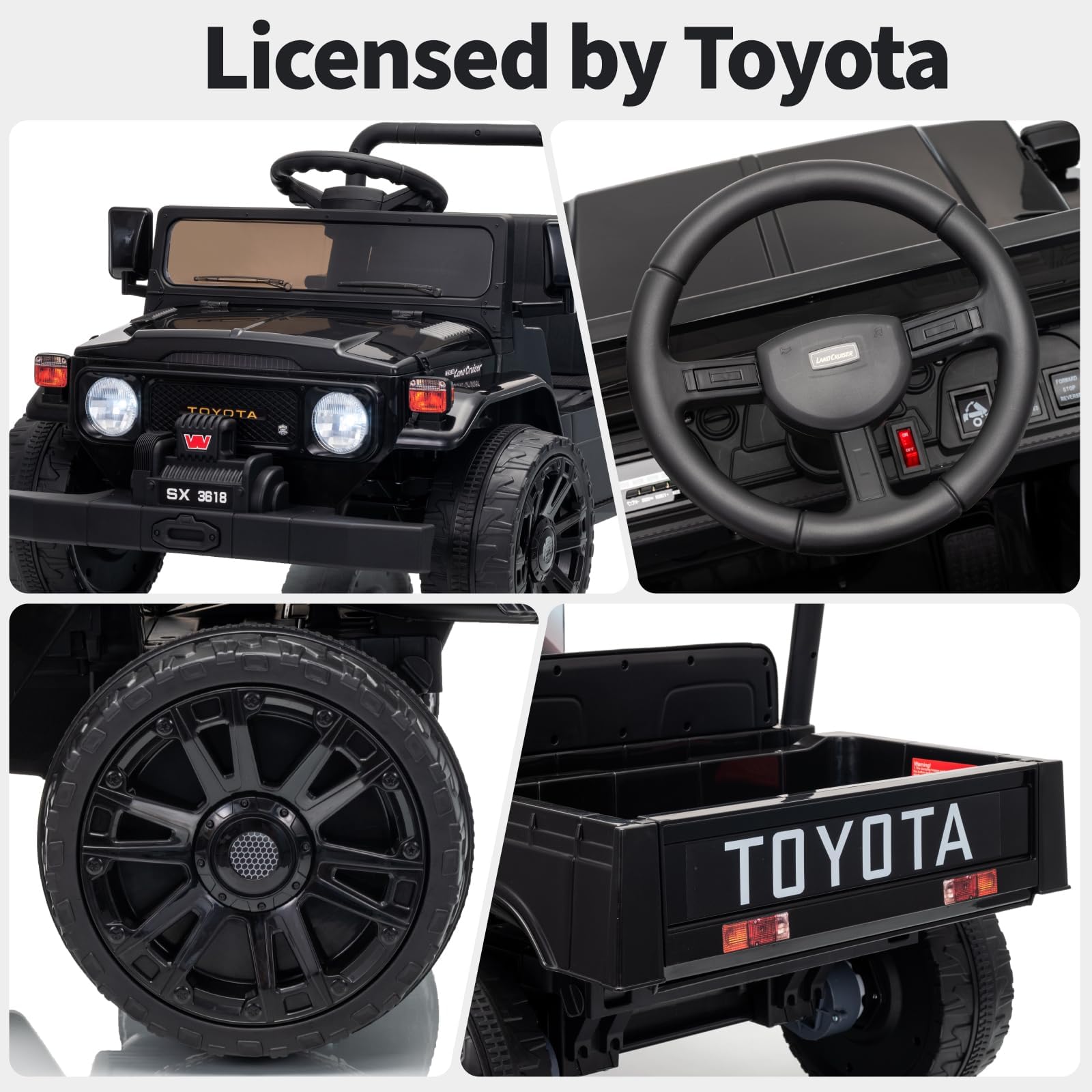 Garvee Licensed Toyota 12V 4WD Kids Electric Ride-On Pickup Truck – Battery Powered, Remote Control, wireless, LED Lights, Suspension, Soft Braking, Truck Bed Storage – For Toddlers & Big Kids – Black