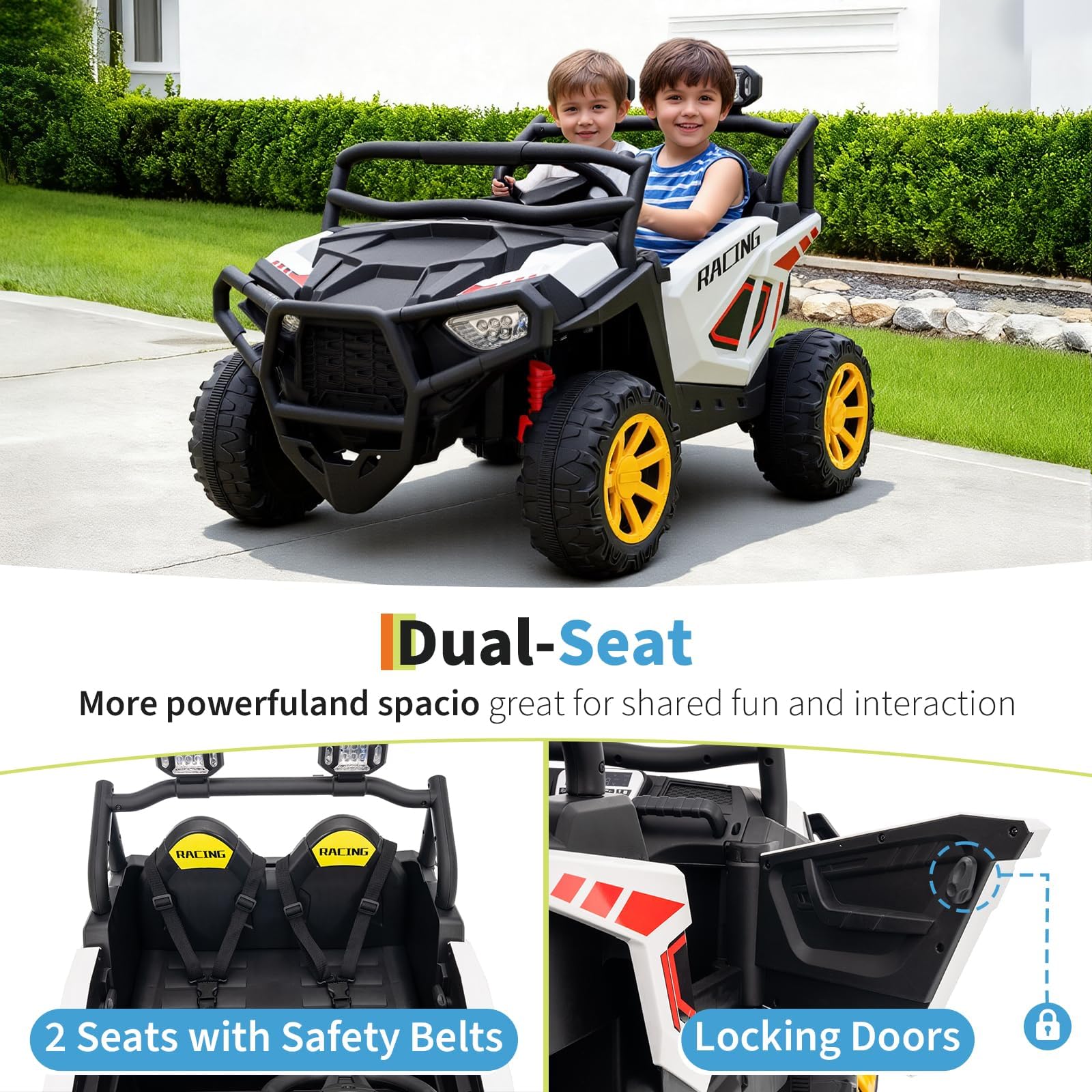 Garvee 24V 2-Seater Electric UTV Ride-On Truck for Kids Ages 2-8 – Battery Powered, Remote Control, 4-Wheel Suspension, Gradual Power-Up, 3 Speeds, LED Lights, Wireless – White