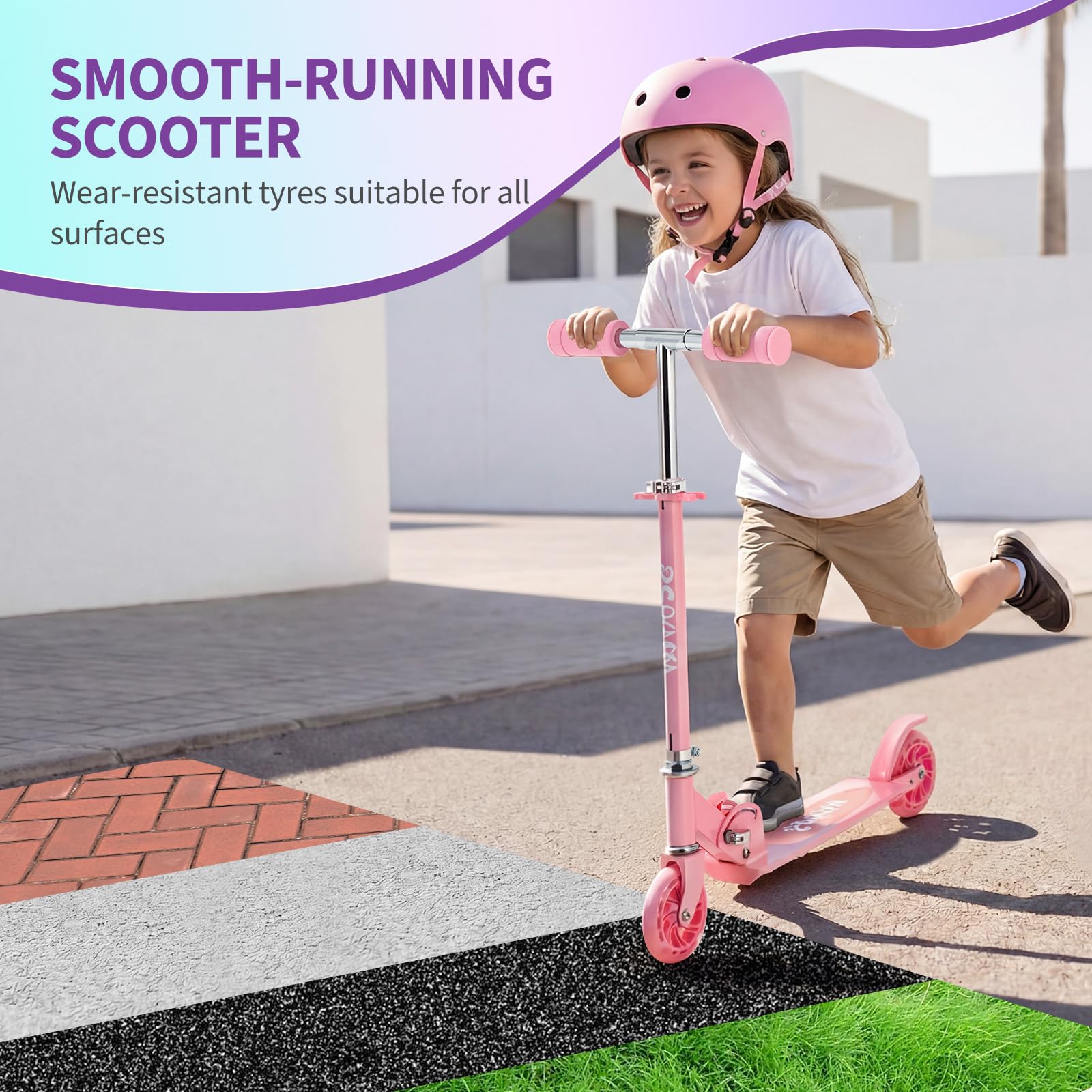 Garvee Kick Scooter for Kids with LED RGB Lighted Wheels, Lightweight & Detachable, Aluminum Frame, Anti-Slip Deck, Adjustable Handlebars, Pink, Ages 3+