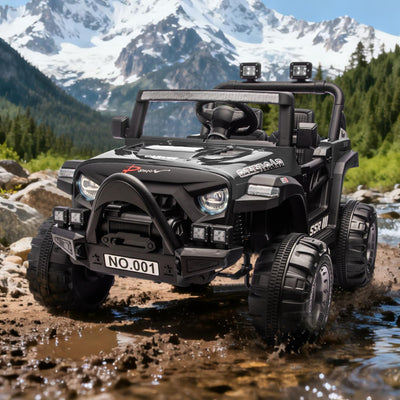 Garvee 12V Kids Ride-On Electric Truck – Parent Remote Control, 3 Speeds up to 4.1MPH, Spring Suspension, LED Lights, wireless Music, Safety Locking Doors, 3-Point Harness, All-Terrain Battery Powered Toy for Ages 3-5 – Black