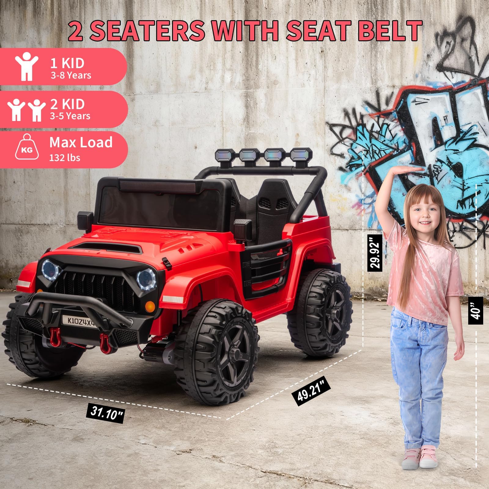 Garvee 24V 2-Seater Electric Ride On Truck for Big Kids – Parental Remote Control – 4-Wheel Suspension – 3 Speeds – LED Lights – Wireless Audio & MP3 Player – Standard Test Method/CPSIA Certified – Red