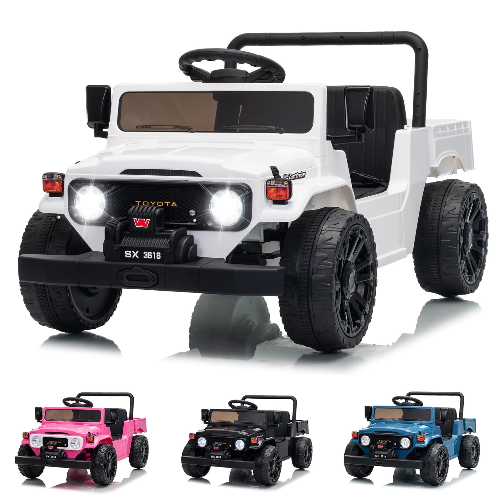 Garvee Licensed Toyota 12V 4WD Kids Ride-On Pickup Truck – Battery Powered Electric Car, Remote Control, wireless Music, LED Lights, Suspension, Soft Braking, Truck Bed Storage – For Toddlers & Big Kids – White