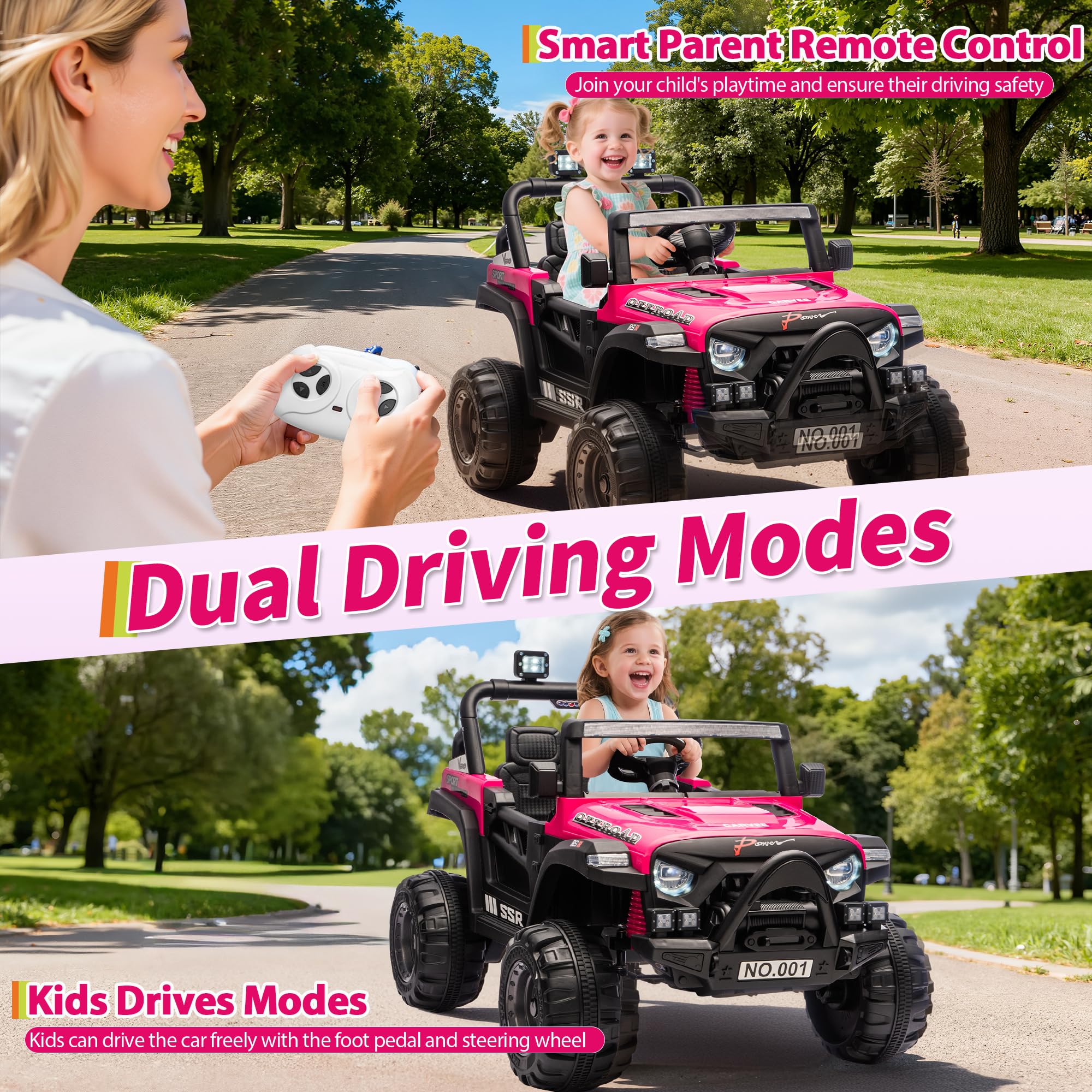Garvee 12V Kids Ride-On Electric Car – Remote Control, 3 Speeds up to 4.1MPH, Spring Suspension, wireless Music, LED Lights, Safety Locking Doors, 3-Point Harness, Battery Powered Toy for Toddlers Ages 3-5 – Rose Red