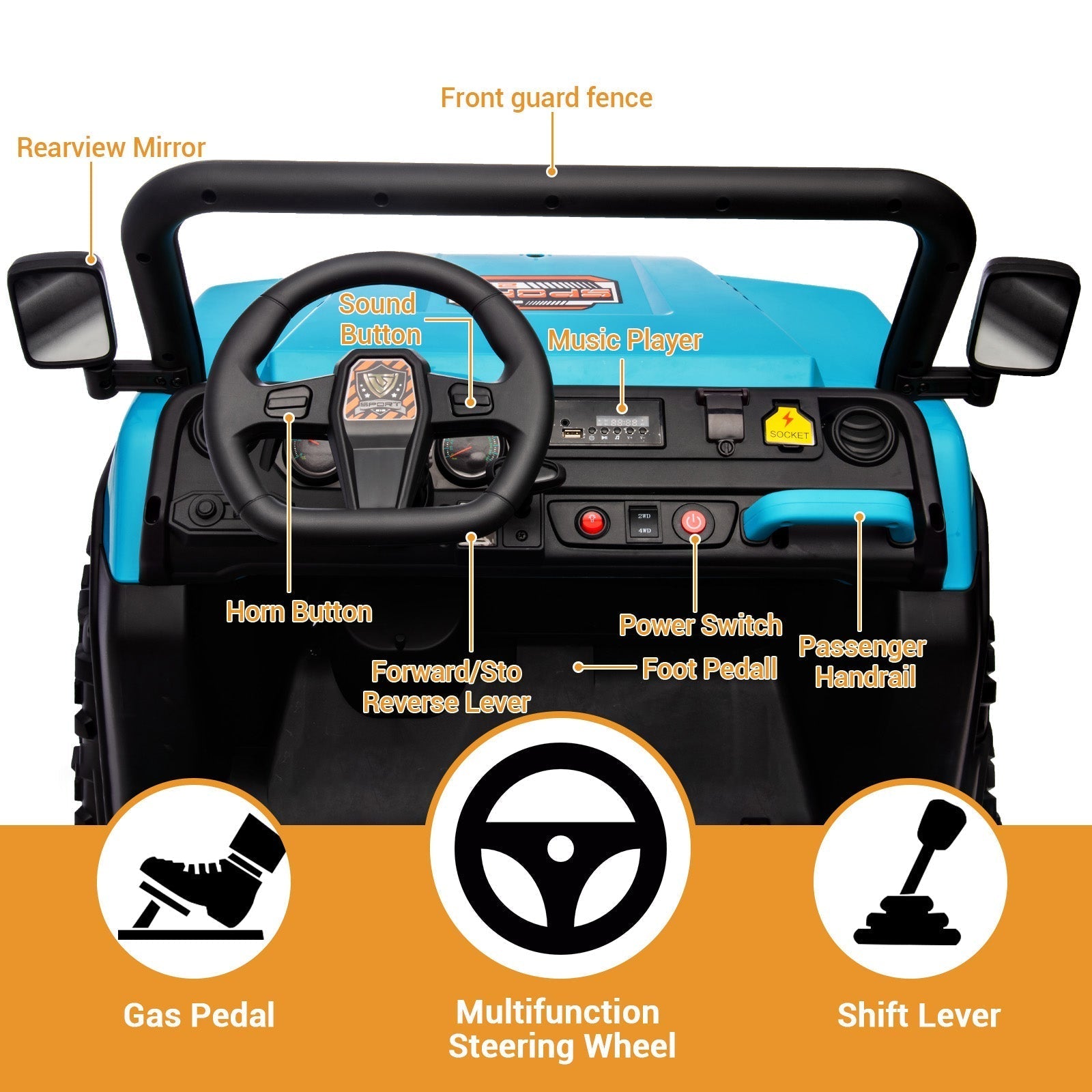 Garvee 24V 2-Seater 6-Wheel 4WD Kids Ride-On Dump Truck UTV - Parent Remote, Wireless Audio Music, LED Lights, Dump Bed, Shovel - Electric Car Toy for Big Kids - Blue