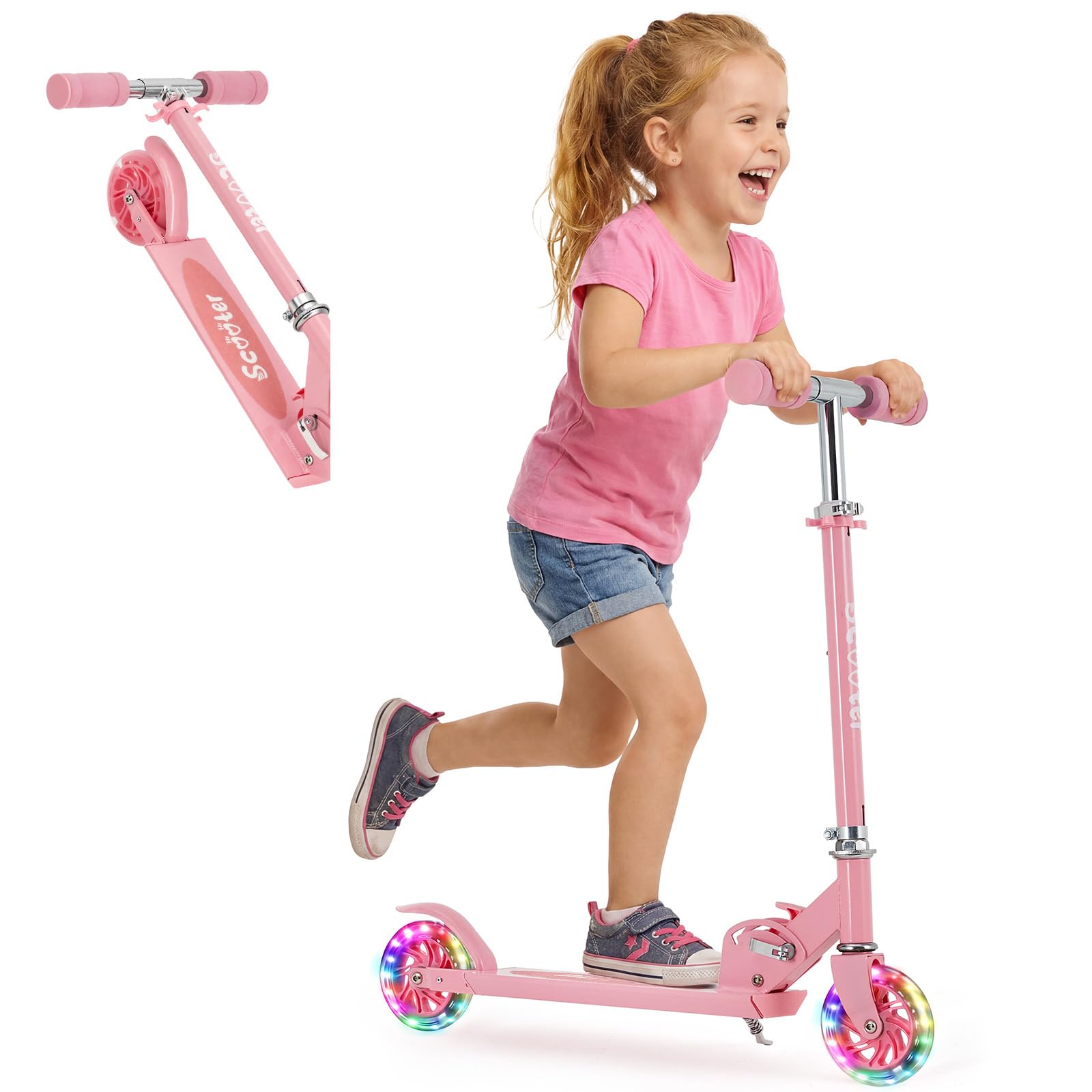 Garvee Kick Scooter for Kids with LED RGB Lighted Wheels, Lightweight & Detachable, Aluminum Frame, Anti-Slip Deck, Adjustable Handlebars, Pink, Ages 3+