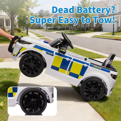 Garvee Kids Police Ride-On Car 12V Dual-Motor, Bluetooth, LED Lights, Safety Belt, Anti-Rollover Tires, White/Black, Outdoor Adventure Toy