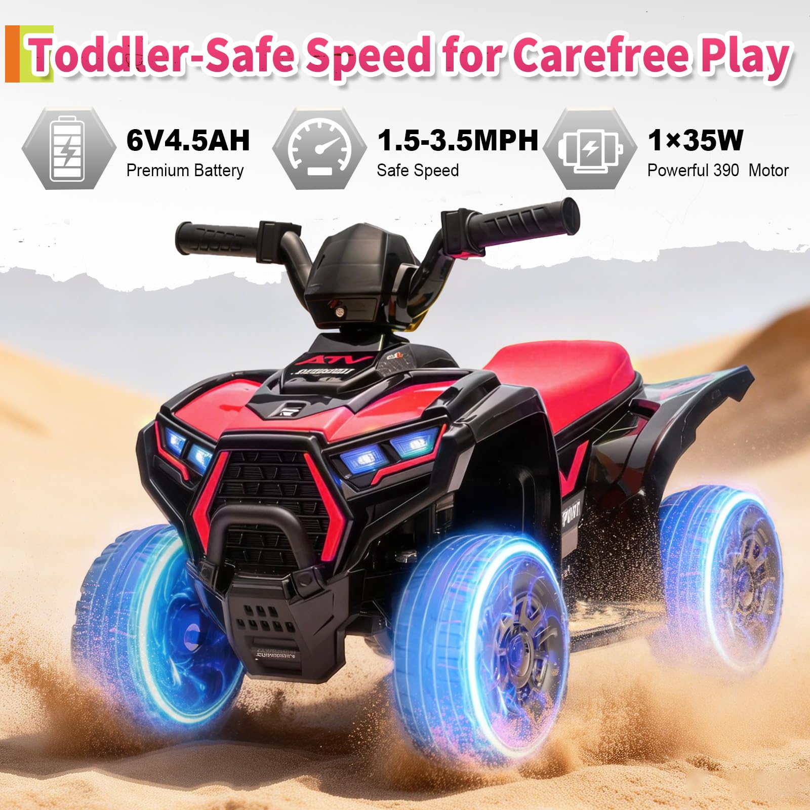 Garvee Kids 6V Battery Powered ATV Car with Lights & Music, 3.5mph Speed, Durable Plastic, All-Terrain Wheels, Toddler Ride-On Toy for Ages 3-6