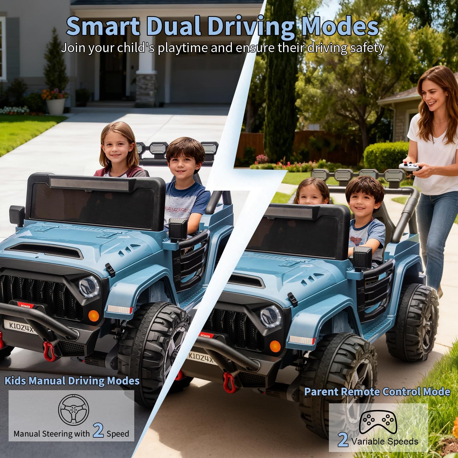 Garvee 24V 2-Seater Electric Ride On Truck for Kids – Remote Control – 4-Wheel Suspension – 3 Speeds – LED Lights – Wireless Audio & MP3 Player – Standard Test Method/CPSIA Certified – Light Blue