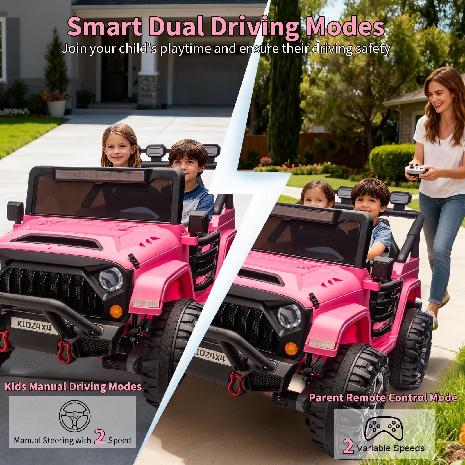 Garvee 24V Electric Ride On Truck for Kids – 2-Seater 4x4 Car – Remote Control – 3 Speeds – LED Lights – Wireless Audio Music Player – Gradual Start & Suspension – Pink