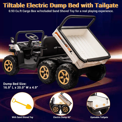 Garvee 24V 2-Seater 6-Wheel 4WD Kids Ride-On UTV Dump Truck - Parent Remote Control, Wireless Audio Music, LED Lights, Electric Dump Bed, Shovel - Electric Ride-On Car for Big Kids - White