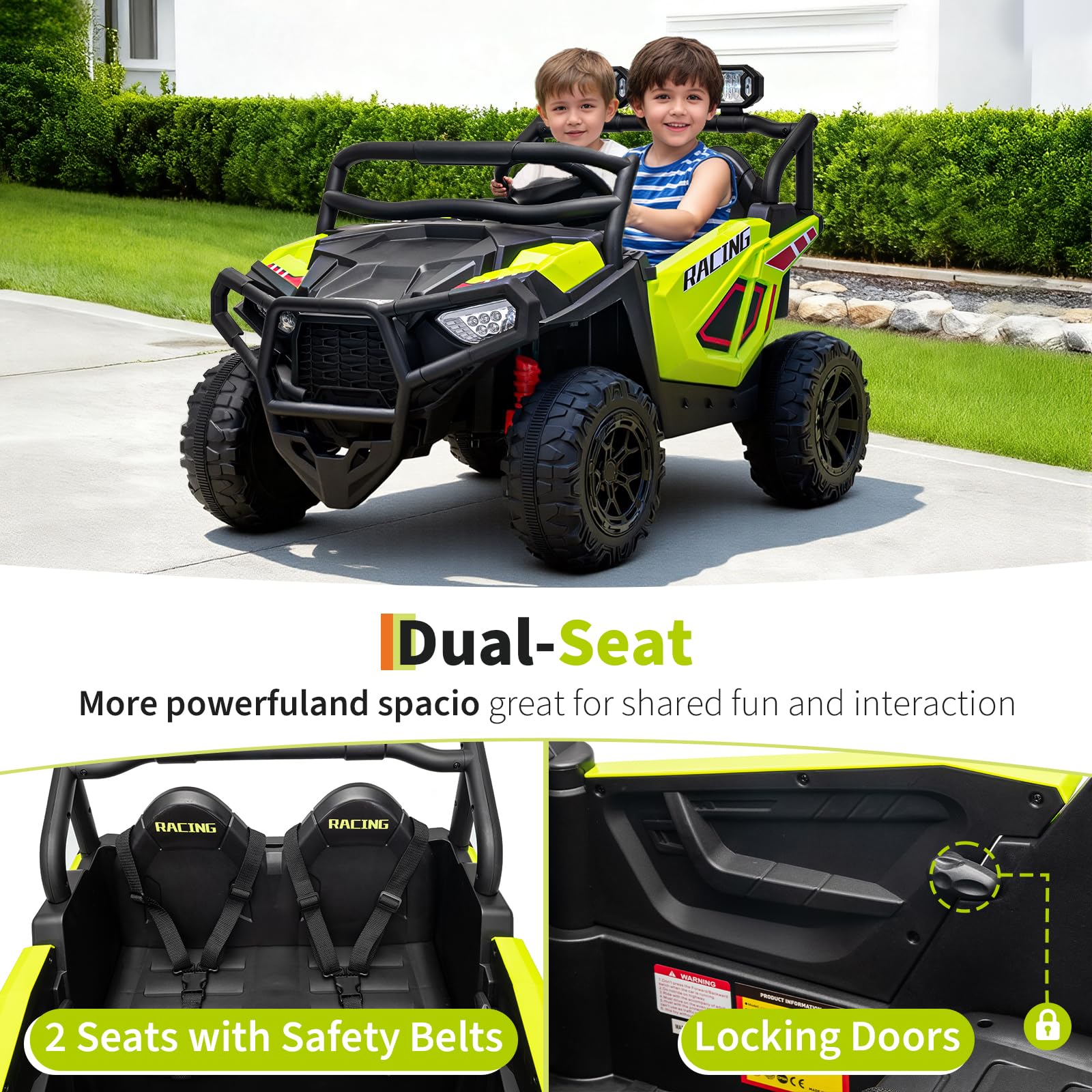 Garvee 24V 2-Seater Electric UTV Ride-On Truck for Kids Ages 2-8 – Battery Powered, Remote Control, 4-Wheel Suspension, Gradual Power-Up, 3 Speeds, LED Lights, Wireless – Fluorescent Green