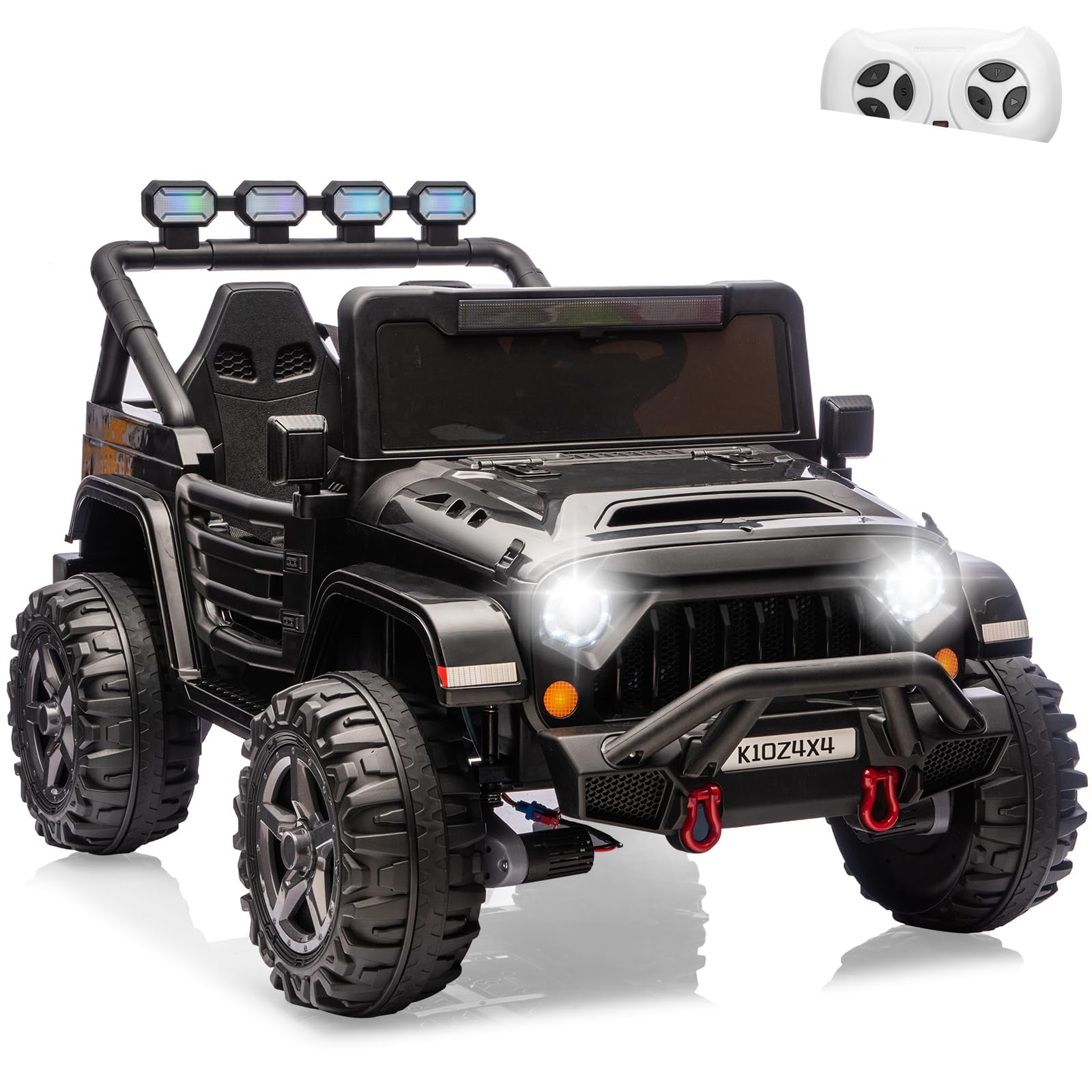 Garvee 24V 4x4 Electric Ride On Truck for Big Kids – 2 Seater Battery Powered Car – Remote Control – 3 Speeds – 4-Wheel Suspension – LED Lights – Wireless Audio Music – Gradual Start – Black