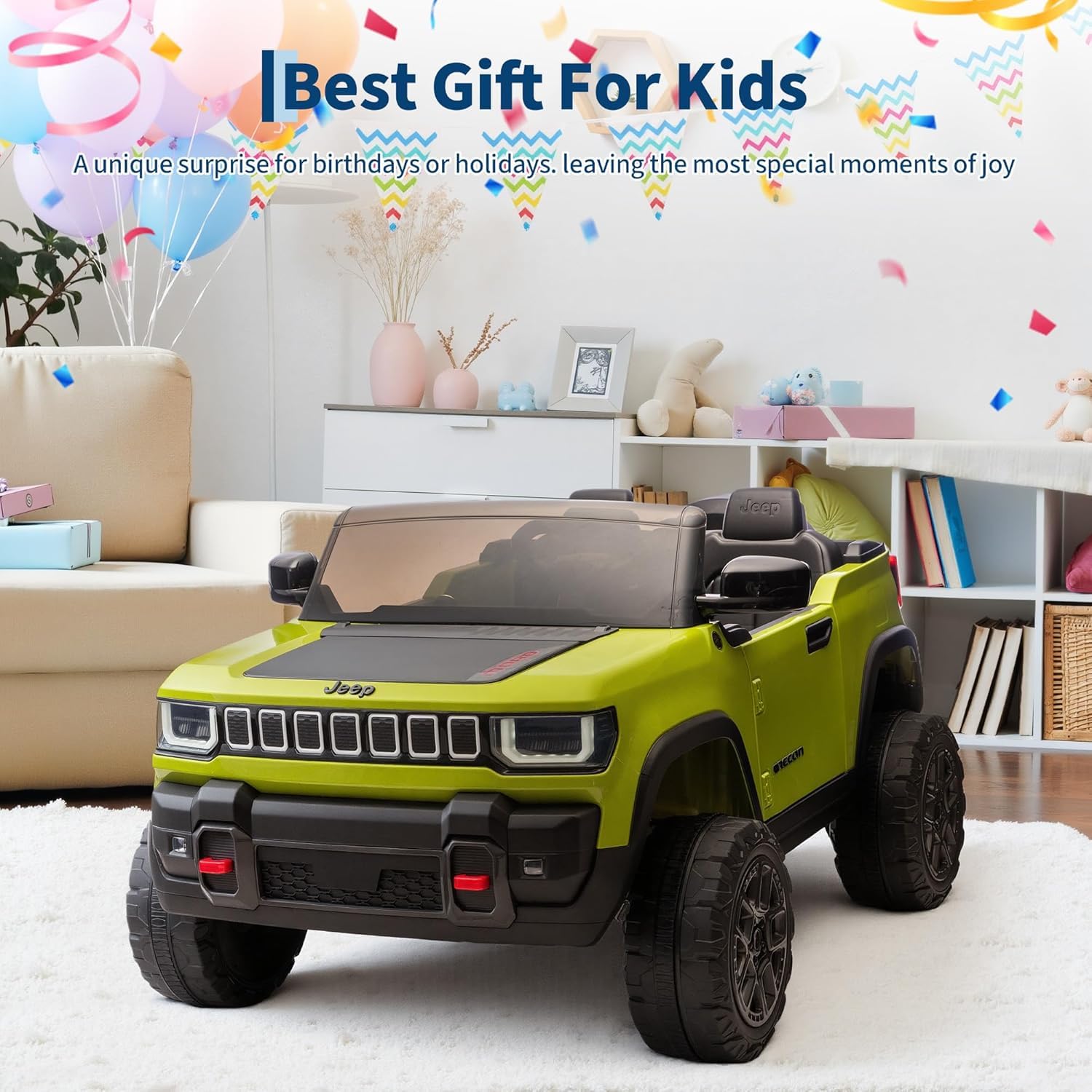 Garvee 24V 2-Seater Electric Ride-On Truck for Kids Ages 3-8 – Licensed 4WD Battery Car with Parental Remote, 3 Speeds, Wireless Connection Music, LED Lights, Gradual Start – Ideal Gift Vehicle for Boys & Girls – Army Green