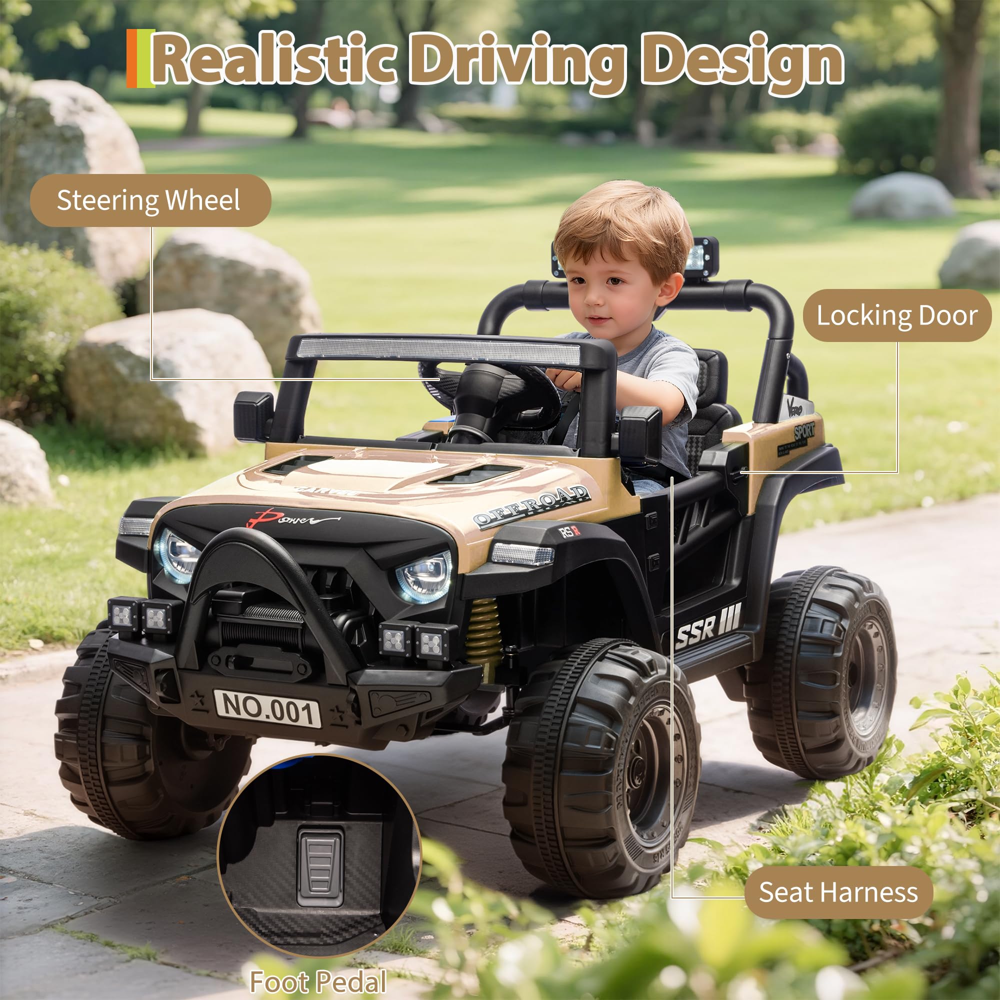 Garvee 12V Kids Electric Ride-On Car – Parent Remote Control, 3 Speeds up to 4.1MPH, Spring Suspension, Seat Harness, Locking Doors, LED Headlights, wireless Music, Battery Powered Truck Toy for Boys & Girls – Khaki