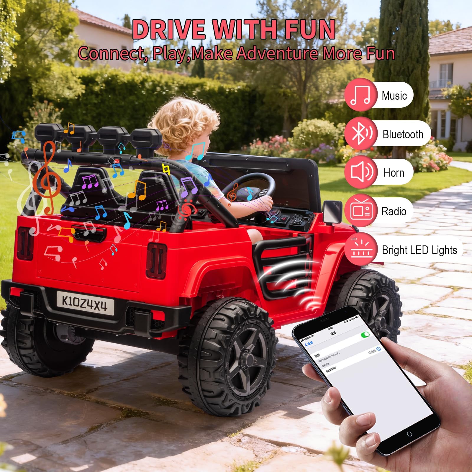 Garvee 24V 2-Seater Electric Ride On Truck for Big Kids – Parental Remote Control – 4-Wheel Suspension – 3 Speeds – LED Lights – Wireless Audio & MP3 Player – Standard Test Method/CPSIA Certified – Red