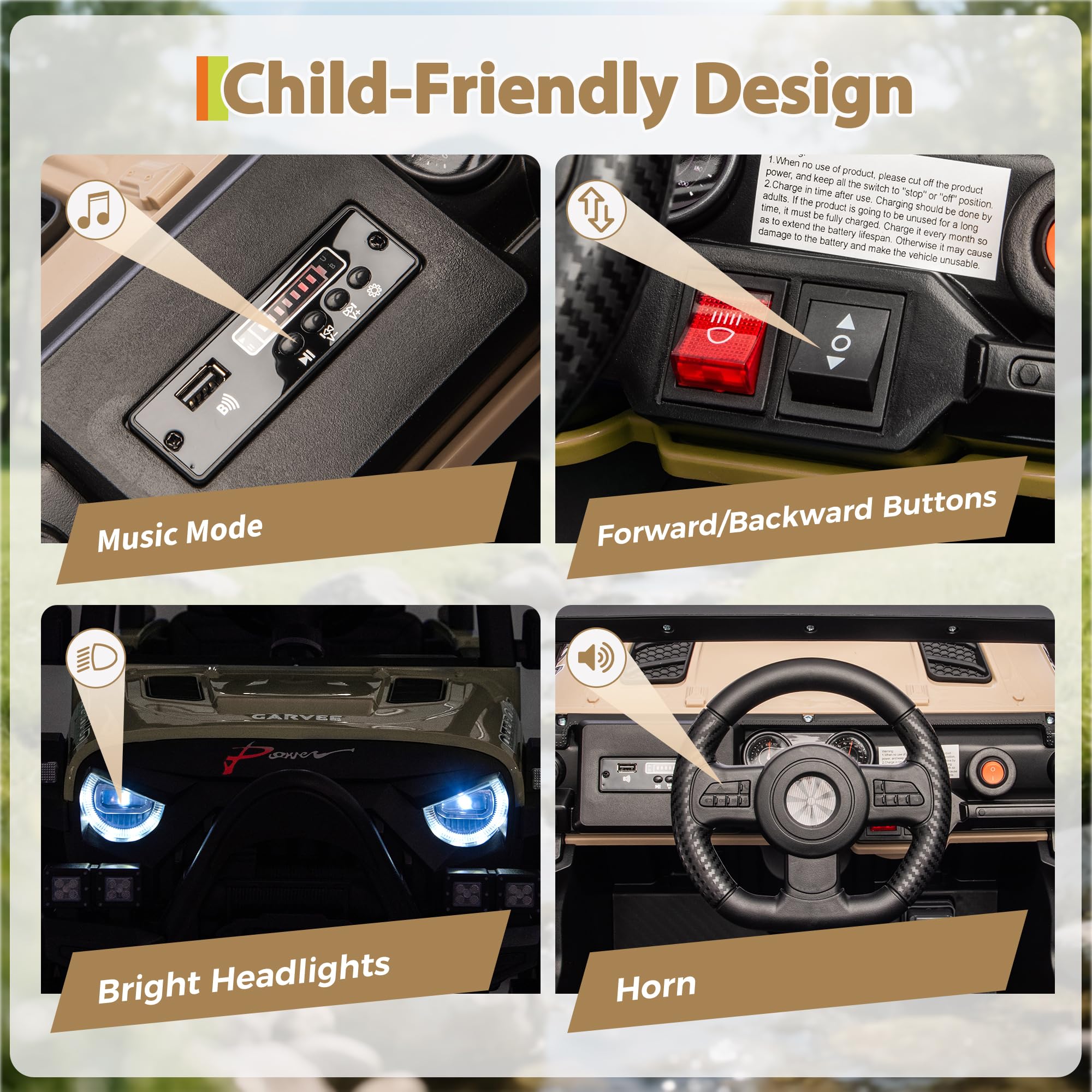 Garvee 12V Kids Electric Ride-On Car – Parent Remote Control, 3 Speeds up to 4.1MPH, Spring Suspension, Seat Harness, Locking Doors, LED Headlights, wireless Music, Battery Powered Truck Toy for Boys & Girls – Khaki
